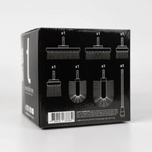 Achterkant van een Tershine drill brush set doos met pictogrammen van zes verschillende boorborstels en een verlengstuk.