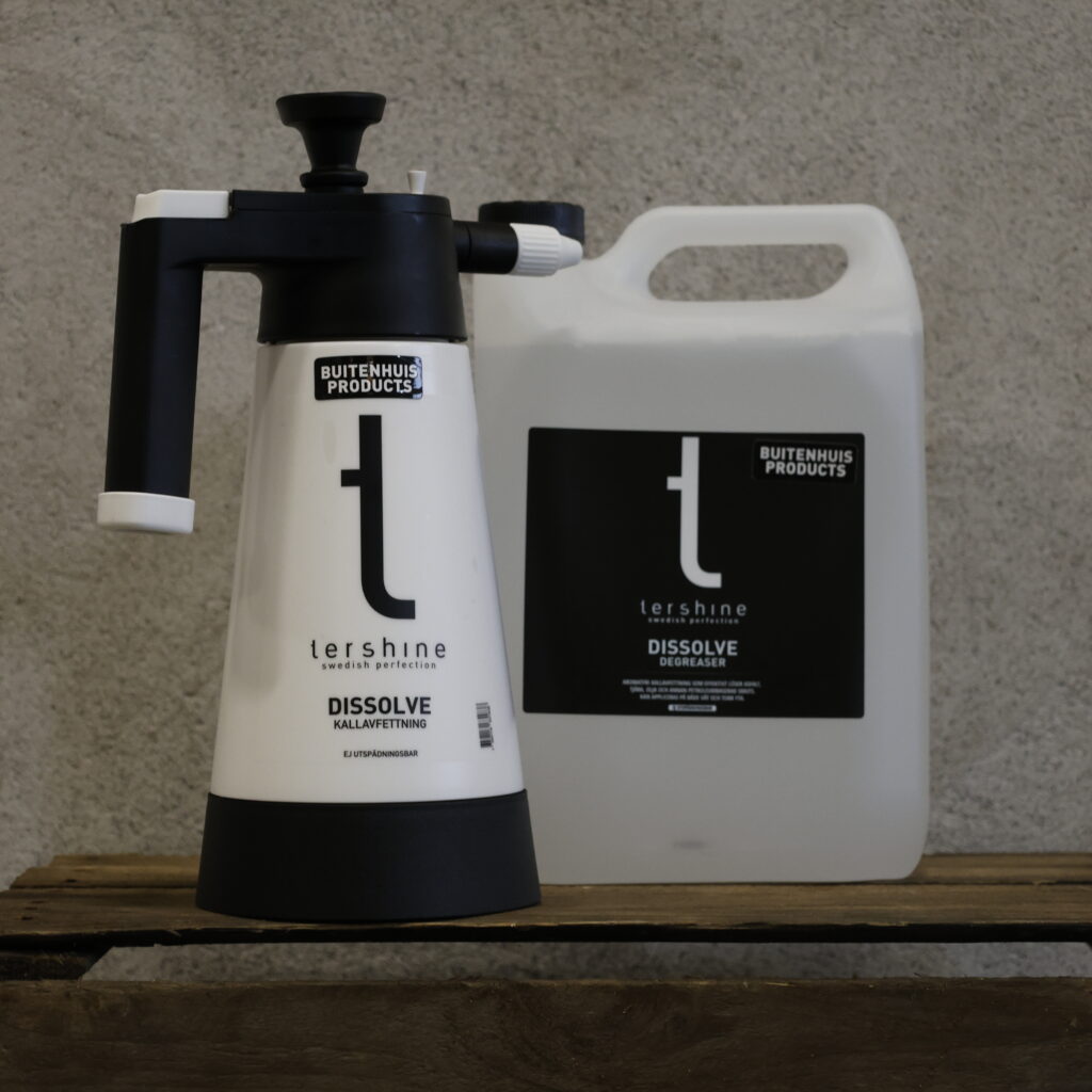 Tershine Dissolve ontvetter drukvat 1,5 liter en 5 liter jerrycan naast elkaar
