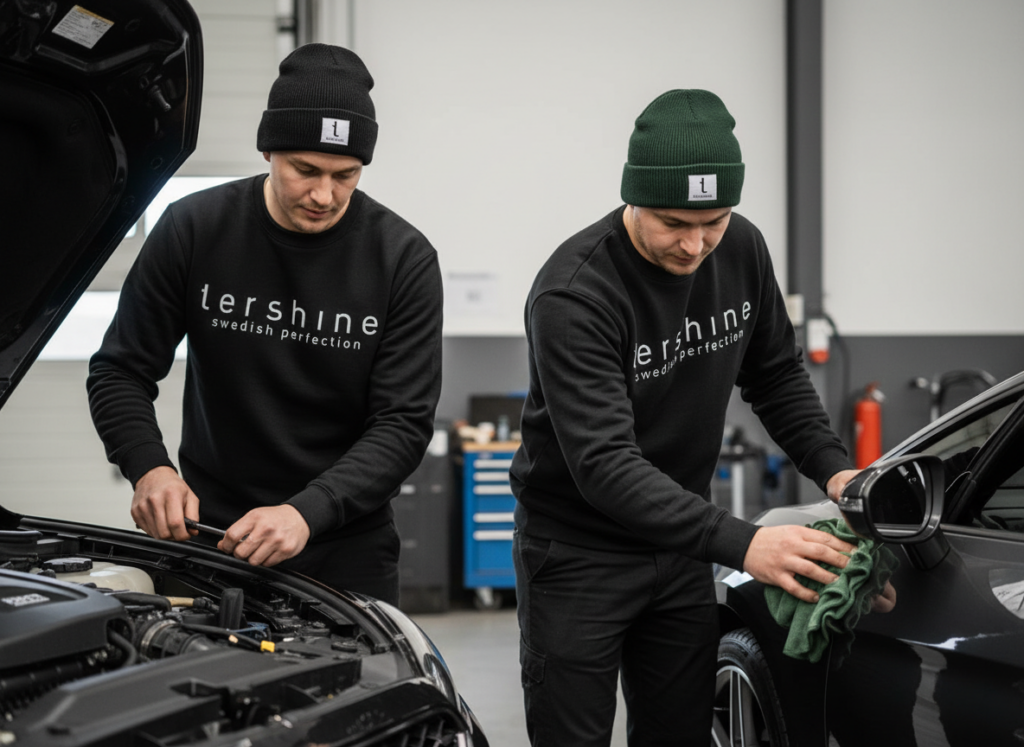 Man met zwarte Tershine-muts in een garage bij een zwarte auto