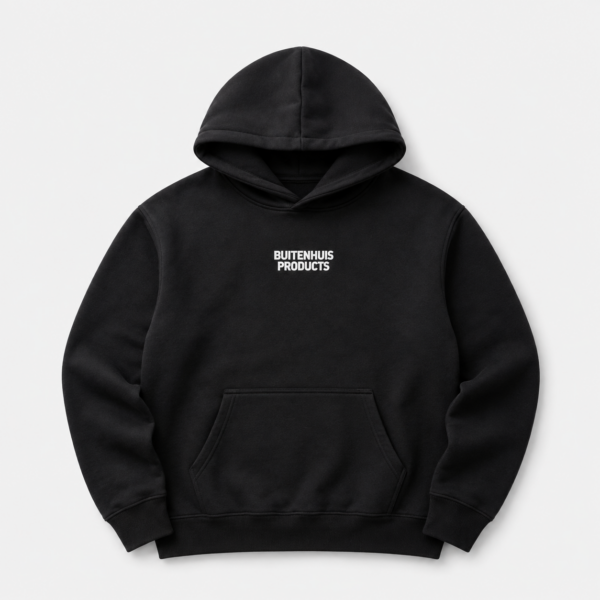 Zwarte Buitenhuis Products hoodie, vooraanzicht